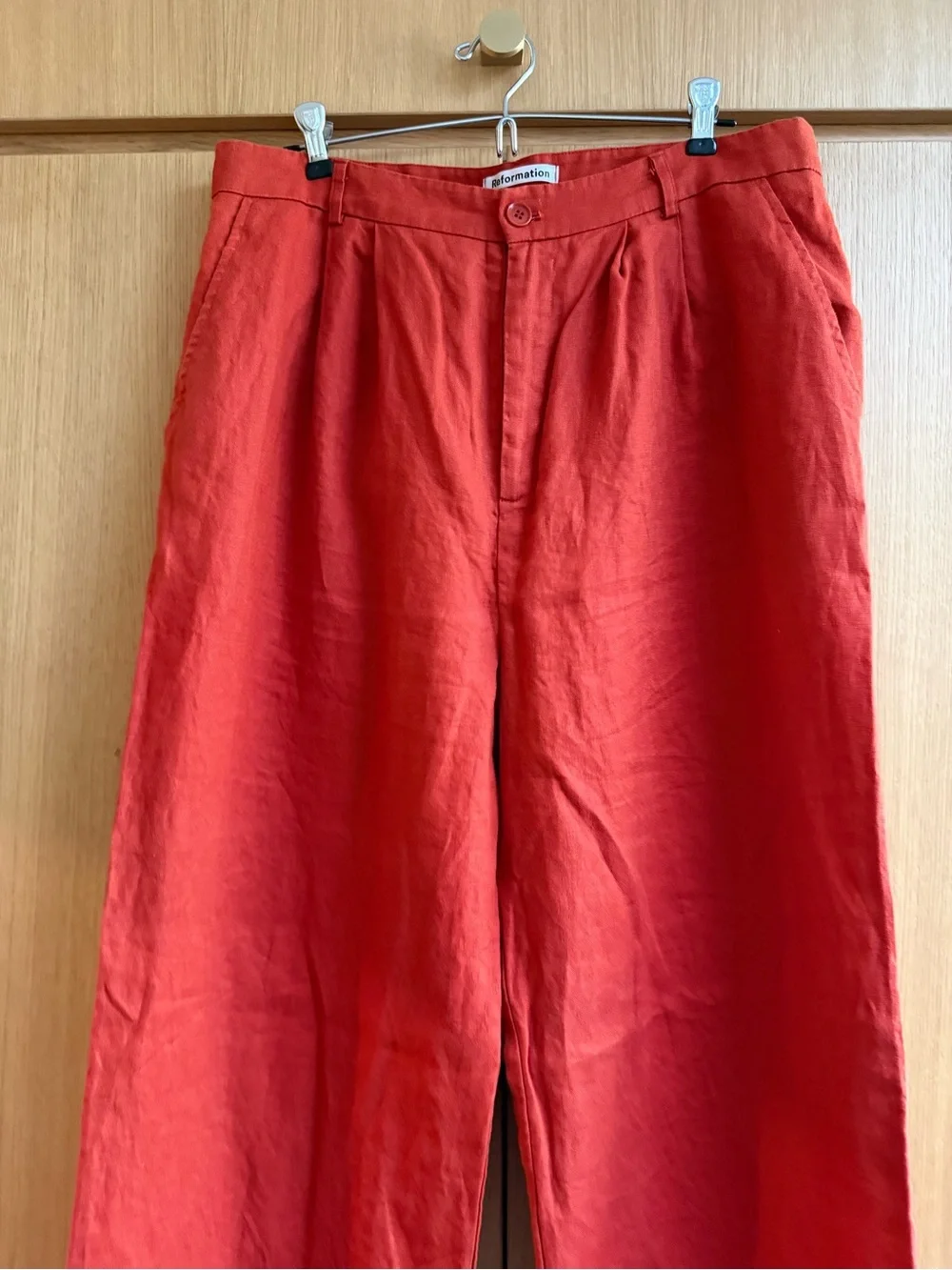 Reformation Vesta Linen High-Waist pants in “blood orange”